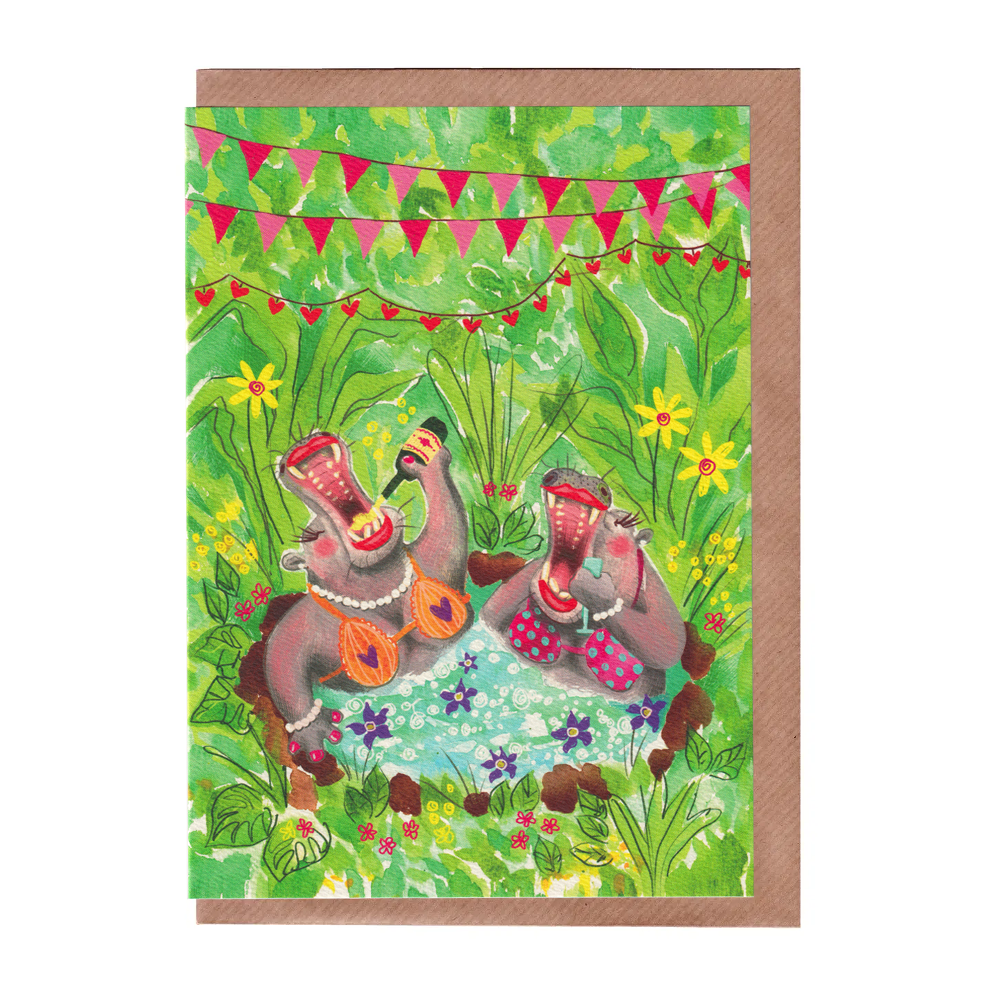 A comical greetings card of two hippos in a hot tub in a jungle setting, surrounded by flowers and decorated with bunting. The hippos are drinking champagne and are wearing bikinis. Galentines, best friend, mother's day or birthday card for women. A5 in size. Bella & The Moon gifts and stationery