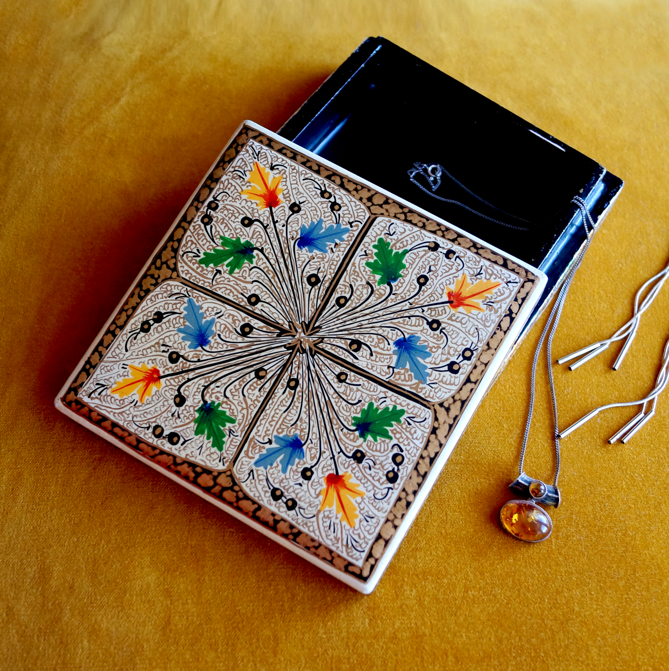 Gold Hand Painted Trinket Box - Vintage