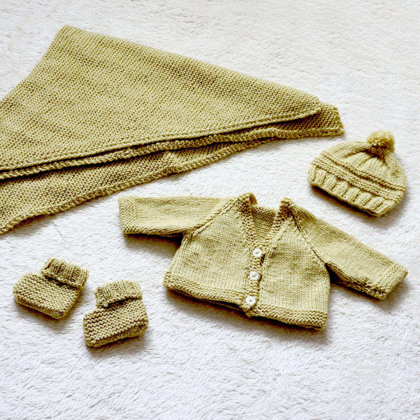 Hand Knitted Baby Gift Set - Hat, Cardigan, Booties and Blanket - Olive - Bella & The Moon (Handmade Gifts and Stationery)