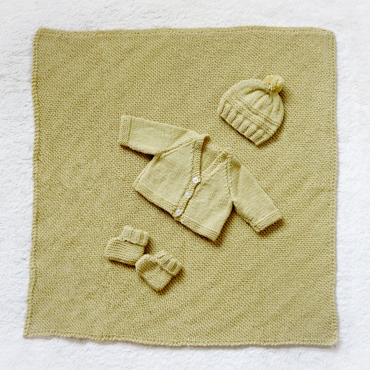 Hand Knitted Baby Gift Set - Hat, Cardigan, Booties and Blanket - Olive - Bella & The Moon (Handmade Gifts and Stationery)