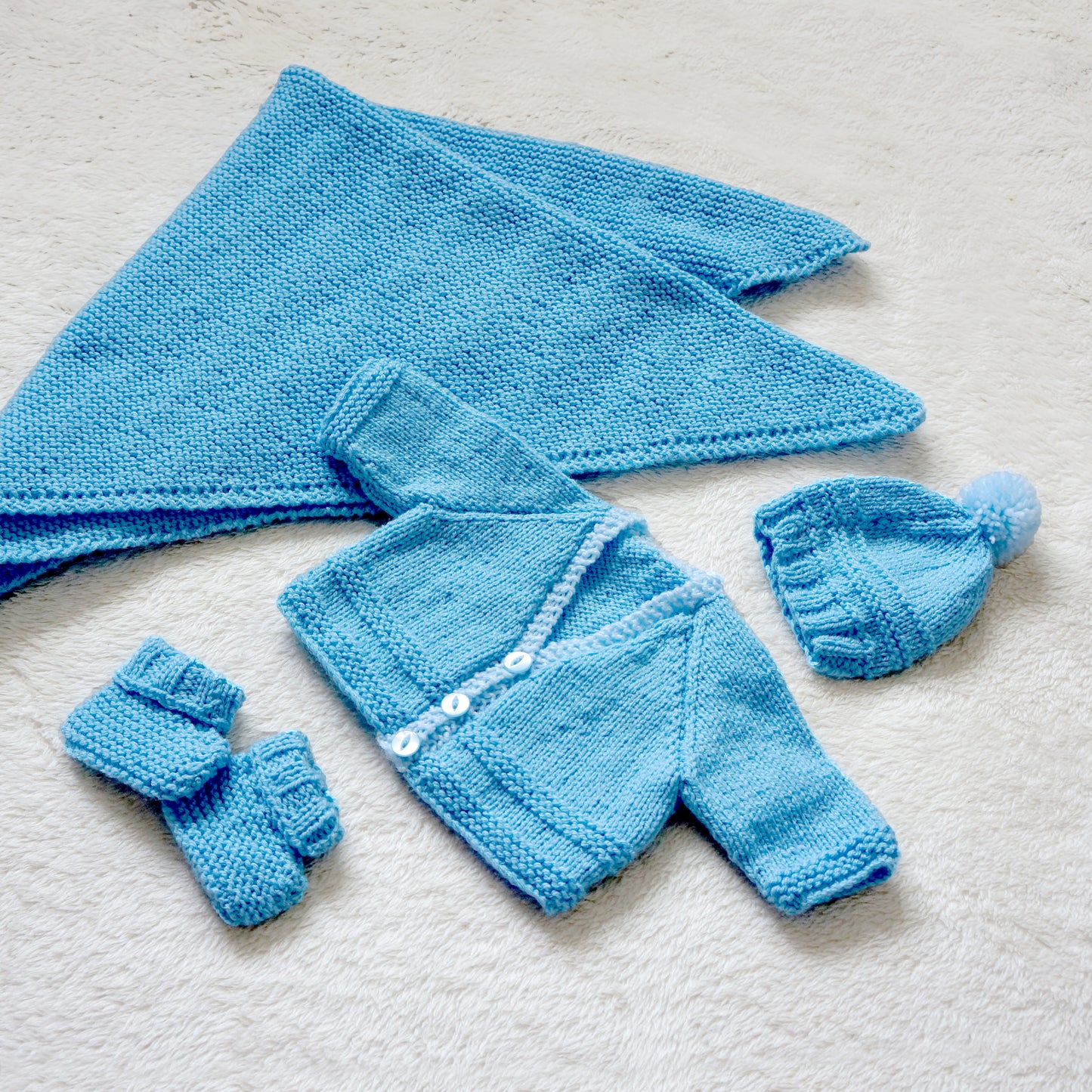 Hand Knitted Baby Gift Set - Hat, Cardigan, Booties and Blanket - Sky Blue - Bella & The Moon (Handmade Gifts and Stationery)