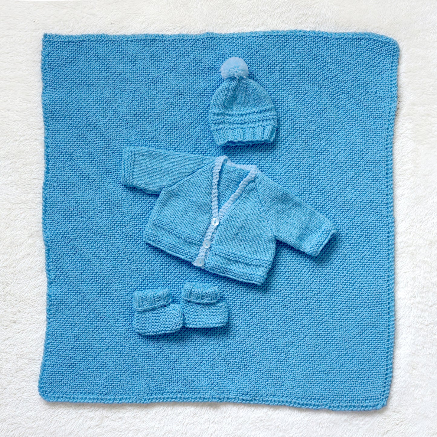 Hand Knitted Baby Gift Set - Hat, Cardigan, Booties and Blanket - Sky Blue - Bella & The Moon (Handmade Gifts and Stationery)