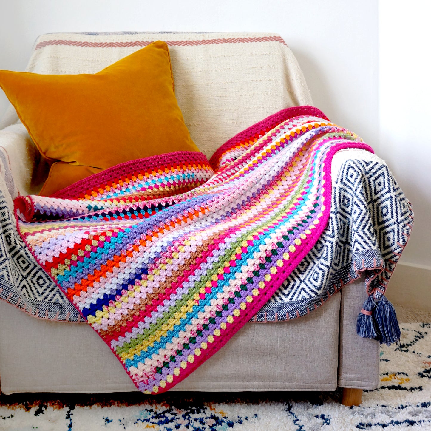 Hand Knitted Rainbow Blanket - Approx 115cm x 92cm - Bella & The Moon (Handmade Gifts and Stationery)