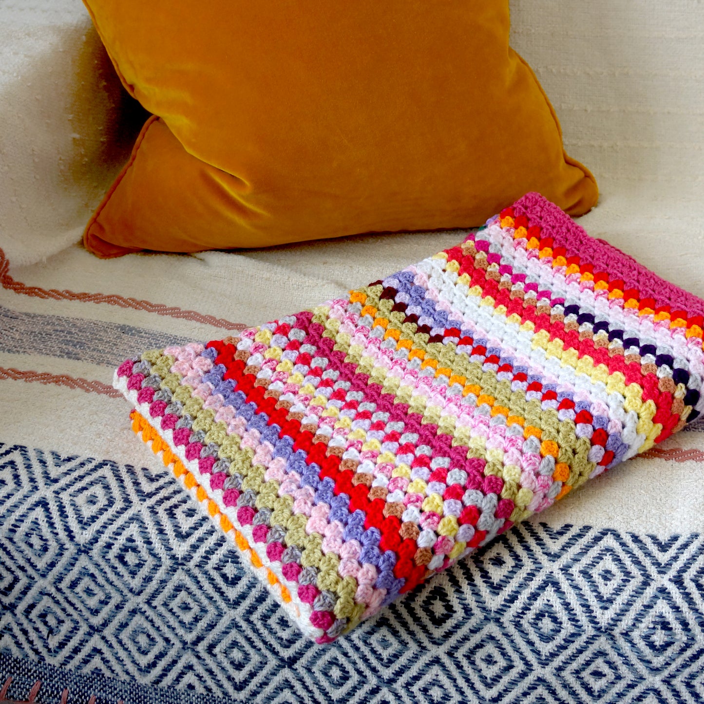 Hand Knitted Rainbow Blanket - Approx 115cm x 92cm - Bella & The Moon (Handmade Gifts and Stationery)