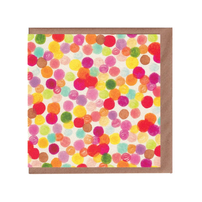 Birthday, just because or celebration card featuring an array of colourful dots and spots. Displayed on a white background. 14cm x 14cm in size and printed on premium quality 300gsm card stock. Designed by luxury gifts and stationery brand, Bella & The Moon.