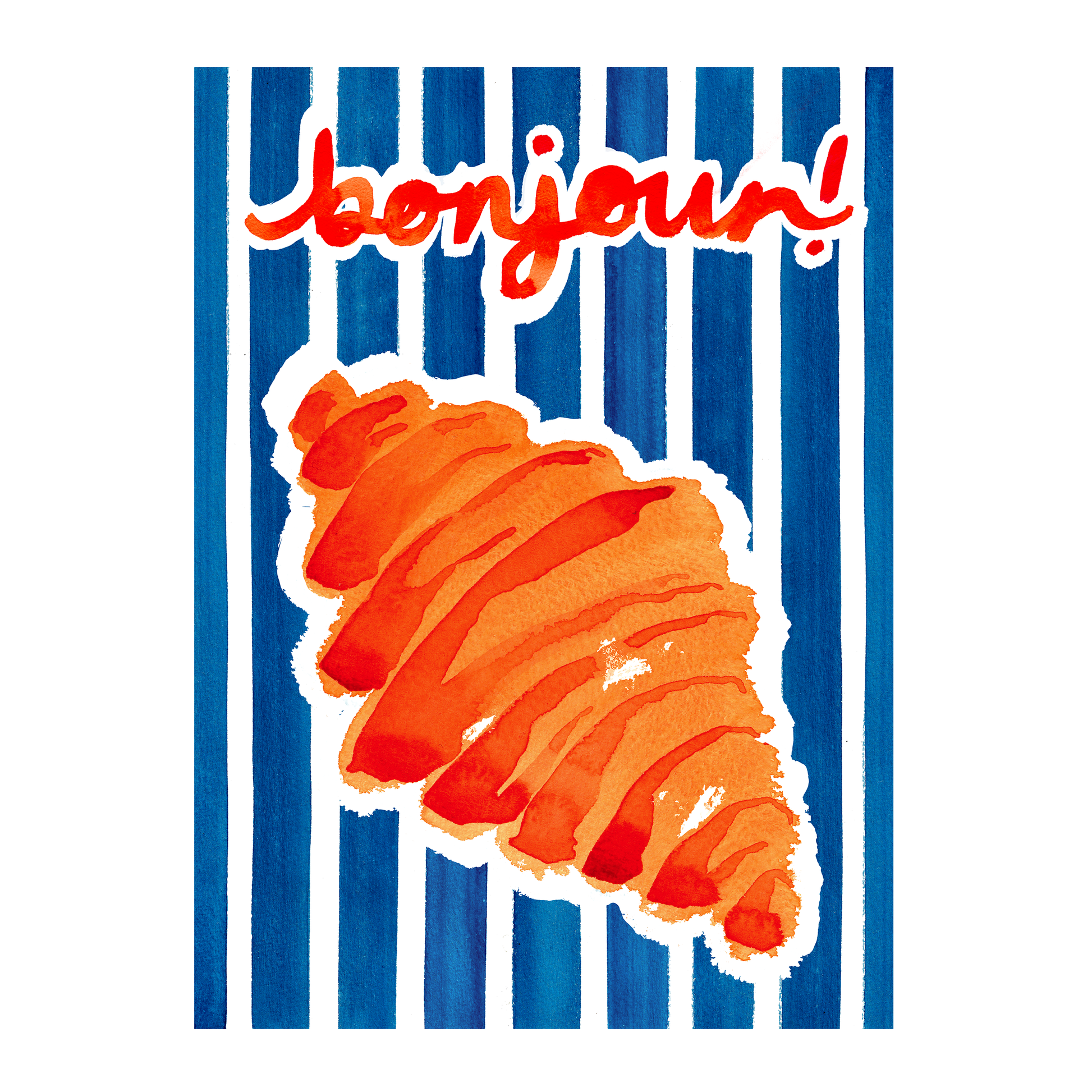 An A3, French themed artist print featuring a delicious croissant and the word 'Bonjour'. Perfect for kitchen, studio or bedroom wall art - luxury premium 300gsm card - Bella & The Moon 