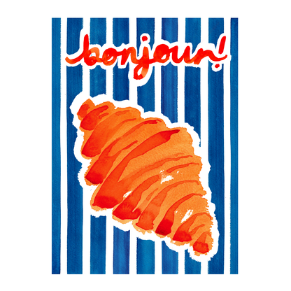 An A3, French themed artist print featuring a delicious croissant and the word 'Bonjour'. Perfect for kitchen, studio or bedroom wall art - luxury premium 300gsm card - Bella & The Moon 