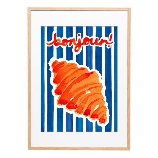An A3, French themed artist print featuring a delicious croissant and the word 'Bonjour'. Perfect for kitchen, studio or bedroom wall art - luxury premium 300gsm card - Bella & The Moon (Handmade Gifts and Stationery)