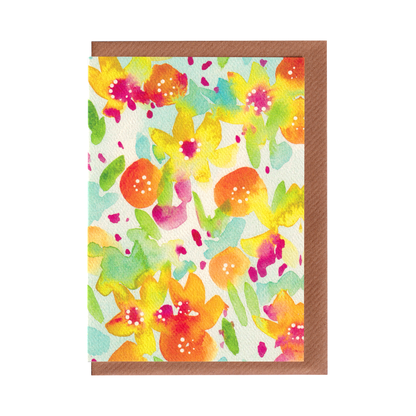 A birthday, celebration, love or anniversary card featuring a colourful floral patterned illustration, on a white background. A6 in size. Bella & The Moon gifts and stationery.