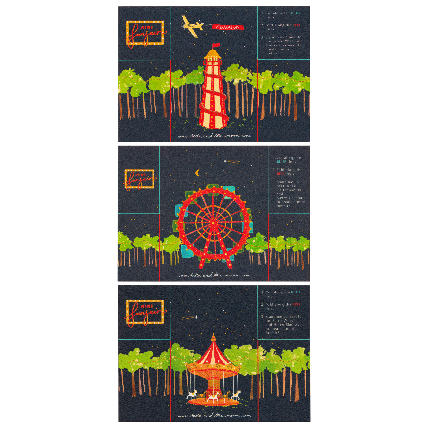 A decorative set of pop-up funfair cards with carnival-themed illustrations on a white background. Kids crafts and gifts. Bella & The Moon gifts and stationery