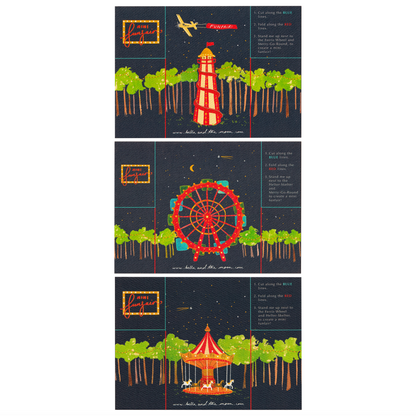A decorative set of pop-up funfair cards with carnival-themed illustrations on a white background. Kids crafts and gifts. Bella & The Moon gifts and stationery