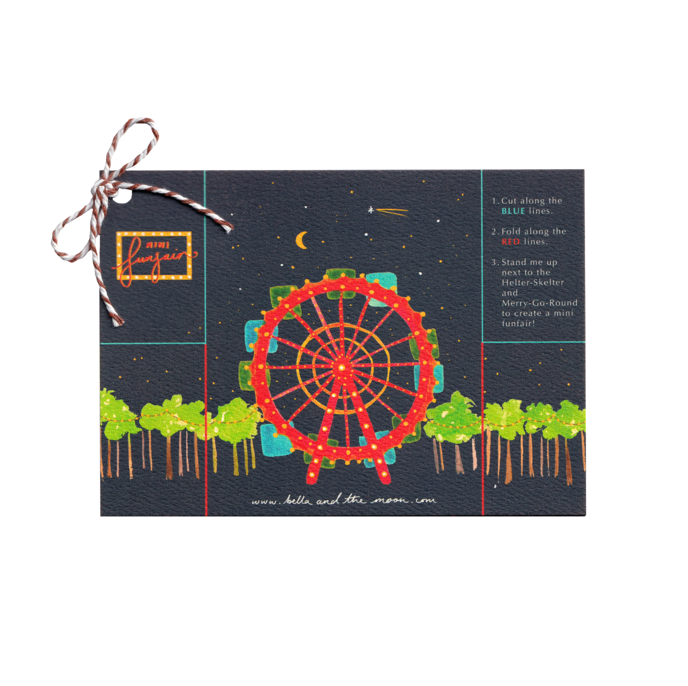A decorative set of pop-up funfair cards with carnival-themed illustrations on a white background. Front cover. Kids crafts and gifts. Bella & The Moon gifts and stationery