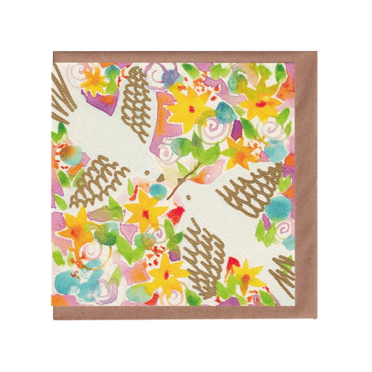 Love or Valentine's greeting card featuring gold detailed, white doves surrounded by colourful leaves and flowers. 14cm x 14cm square in size and printed on premium quality 300gsm card. Designed by luxury gifts and stationery brand, Bella & The Moon.