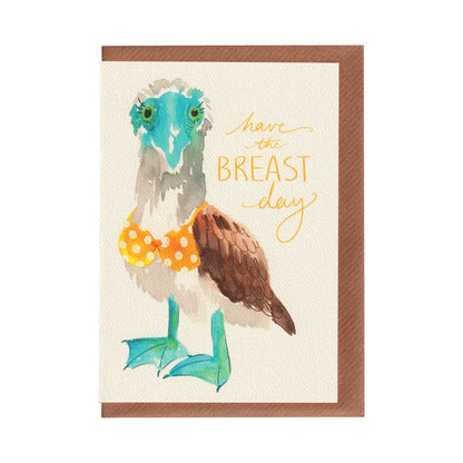 Birthday or celebration card featuring a blue footed boobie bird wearing a yellow polka dot bikini and text saying 'have the BREAST day', on a white background. A6 in size. Bella & The Moon gifts and stationery