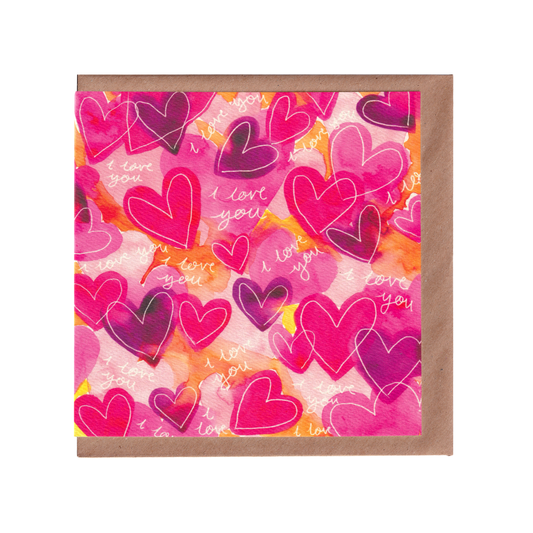 Watercolour Valentine's love card with pink and purple hearts and 'I love you' text on a white background. 14cm x 14cm square in size and printed on premium quality 300gsm card. Designed by luxury gifts and stationery brand, Bella & The Moon.