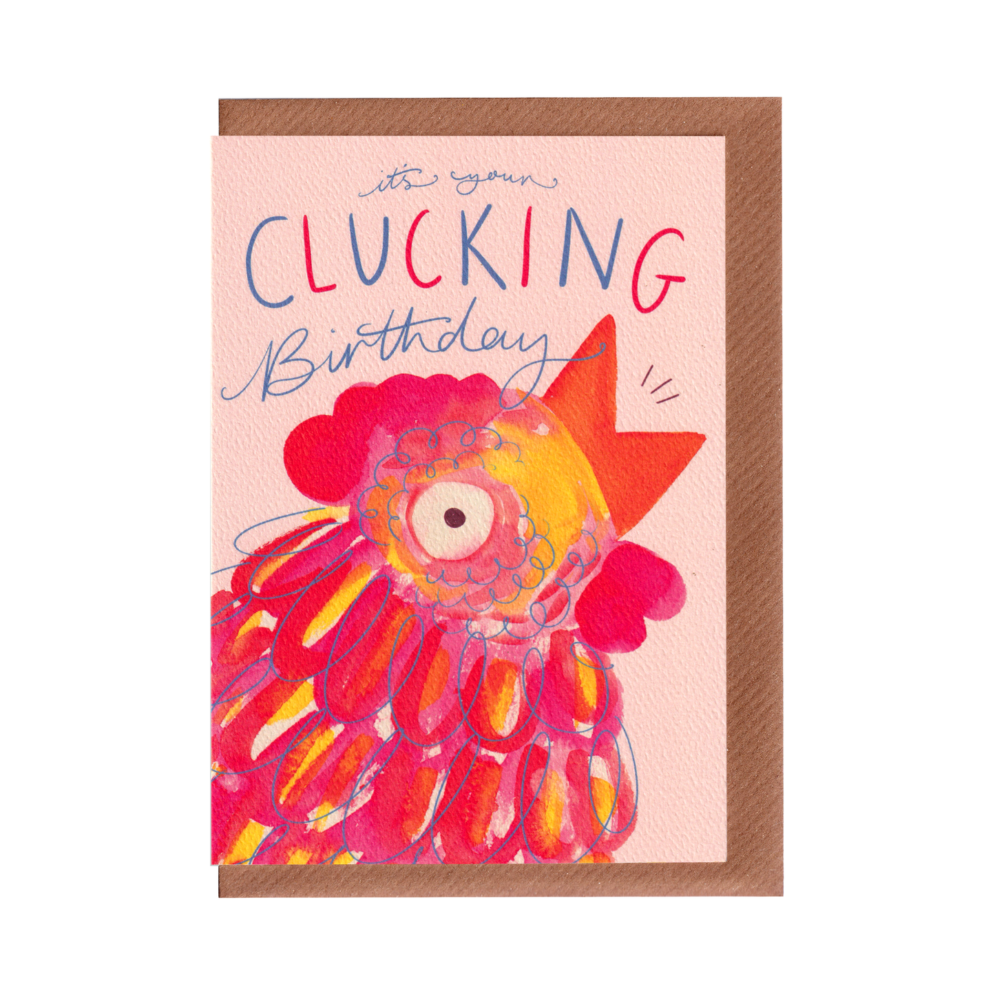 Birthday card with a colourful rooster illustration and text 'Clucking Birthday' on a pink background. A6 in size. Bella & The Moon gifts and stationery.