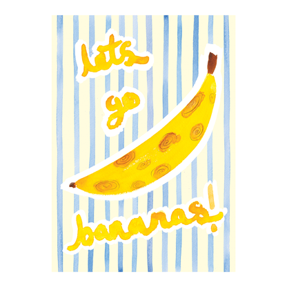 A textured A3 art print of blue stripes, a big banana and the words 'let go bananas' in yellow writing, on a white background. Uplifting and funny modern wall art and retro home decor. Bella & The Moon gifts and stationery 