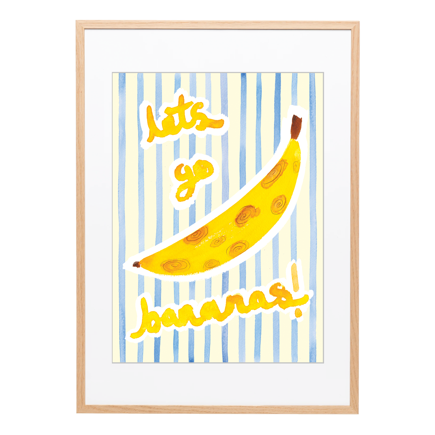 A textured A3 art print of blue stripes, a big banana and the words 'let go bananas' in yellow writing, on a white background. Uplifting and funny modern wall art and retro home decor. Bella & The Moon gifts and stationery 