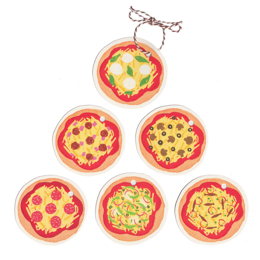 A set of six cut-out pizza gift tags on a white background. Present and gift wrapping. Unique and funny gifting ideas. Bella & The Moon gifts and stationery