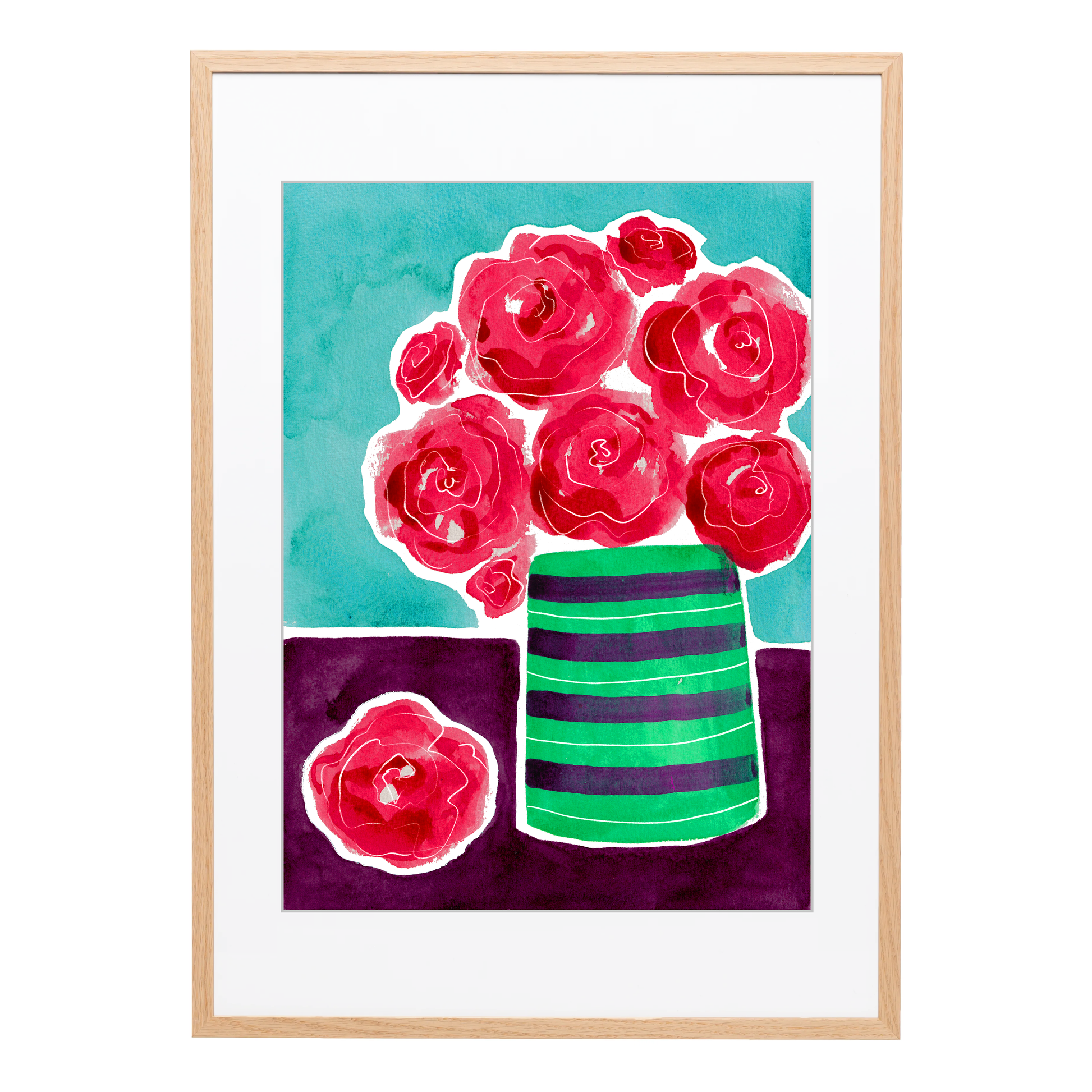 A textured A3 art print of red roses in a striped green vase with a turquoise and purple background. Modern wall art for colourful spaces. Bella & The Moon gifts and stationery