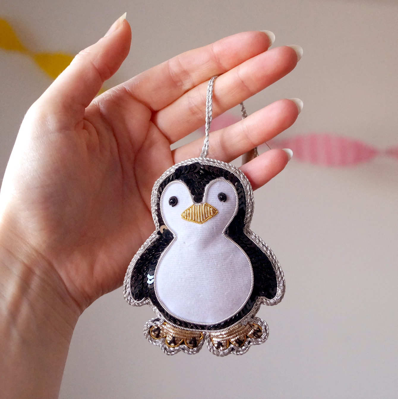 Handmade Sequin Velvet Penguin Decoration