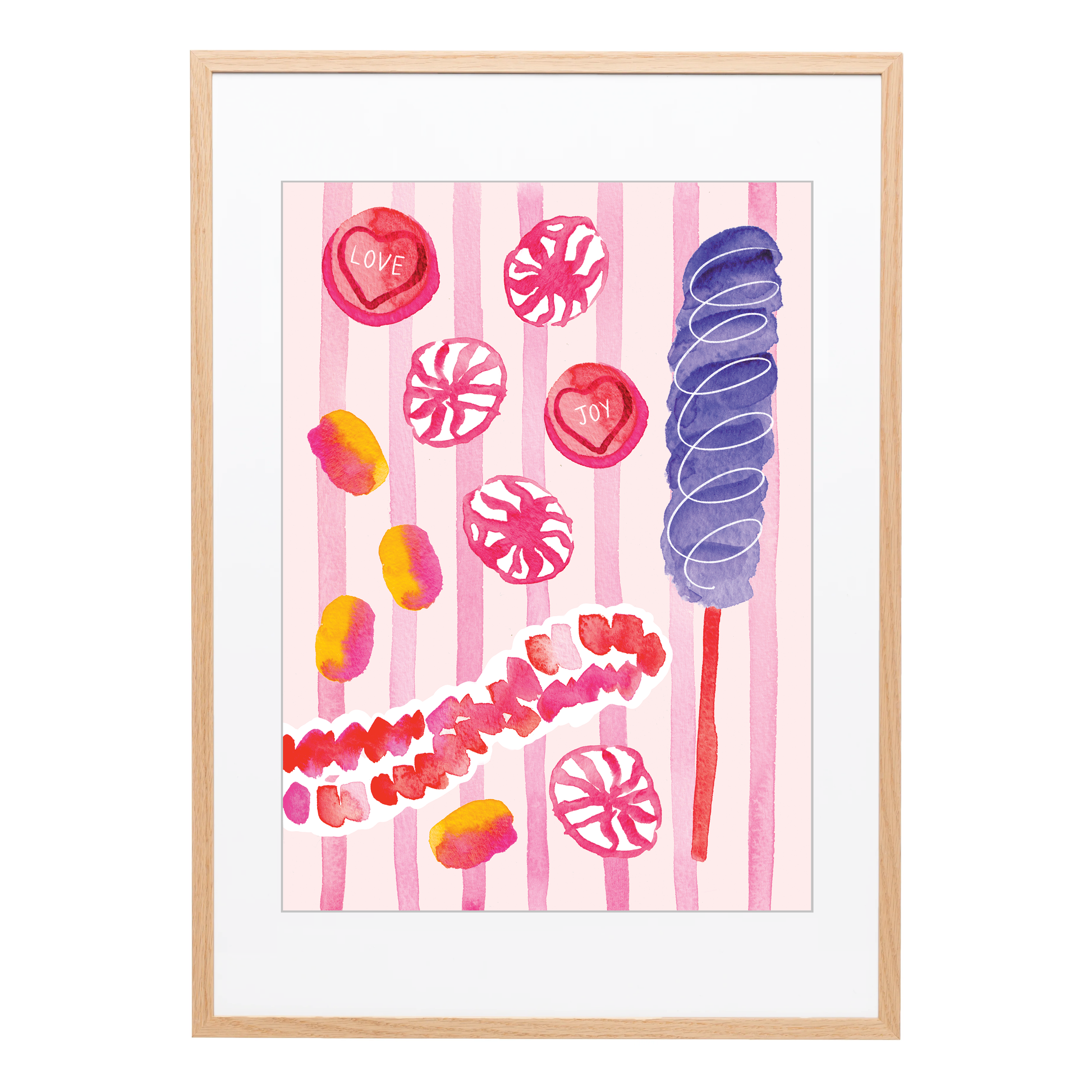 A textured A3 art print of pink sweets, candy and a purple lolly, on a white background. Featuring the words 'love' and 'joy'. Uplifting and positive modern wall art and retro home decor. Bella & The Moon gifts and stationery