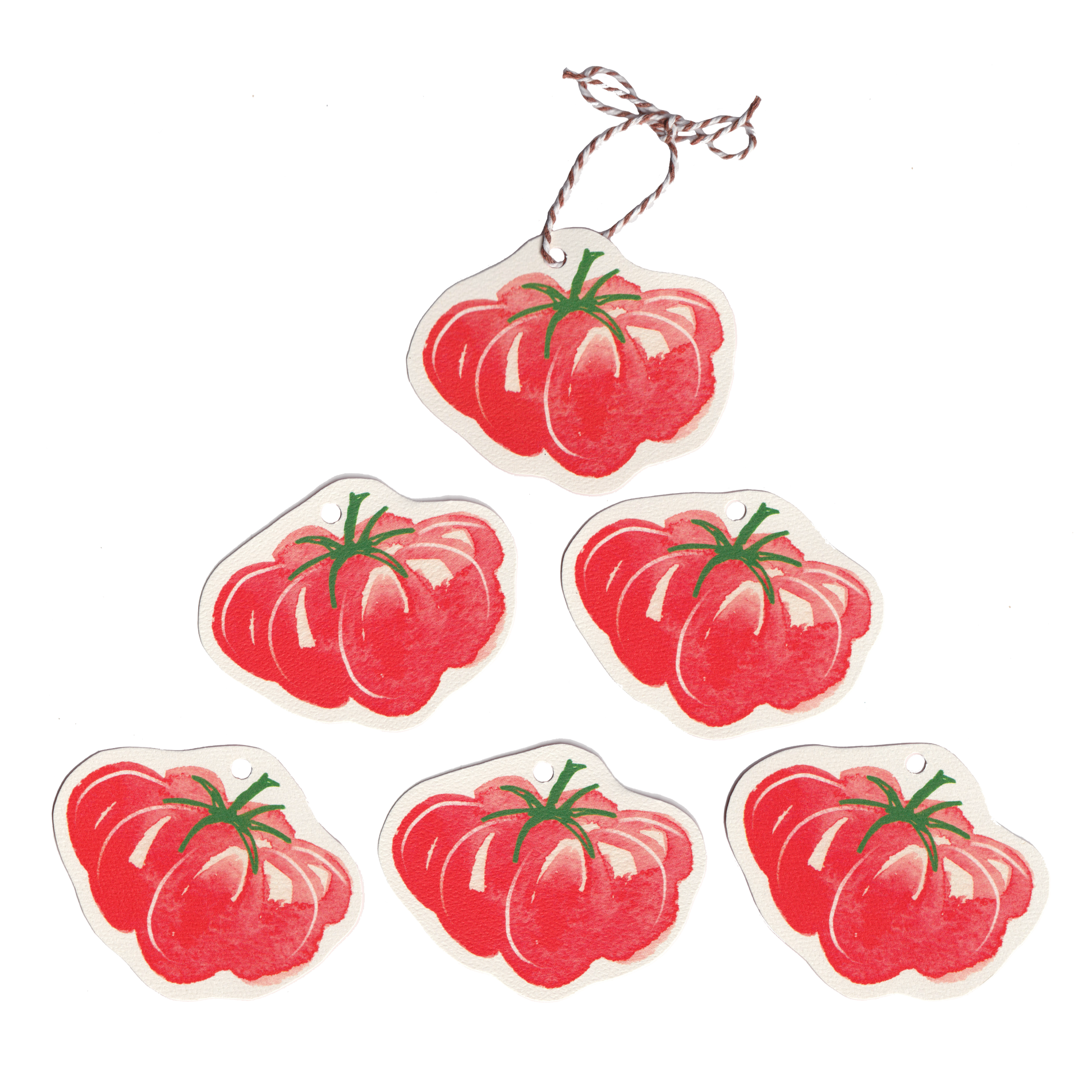 A set of six cut-out tomato gift tags on a white background. Present and gift wrapping. Unique and funny gifting ideas. Bella & The Moon gifts and stationery