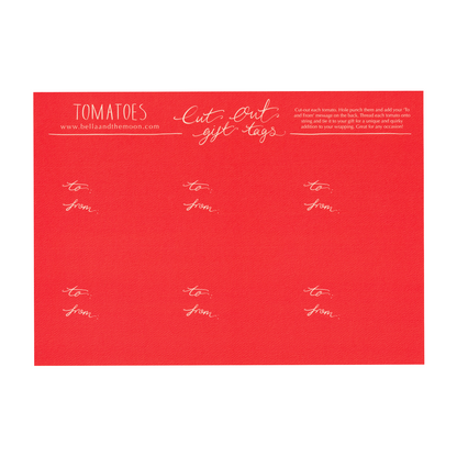 The back of a sheet of six cut-out tomato gift tags on a white background. Present and gift wrapping. Unique and funny gifting ideas. Bella & The Moon gifts and stationery