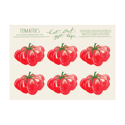A sheet of tomato-shaped cut-out gift tags with various toppings on a white background. Present and gift wrapping. Unique and funny gifting ideas. Bella & The Moon gifts and stationery