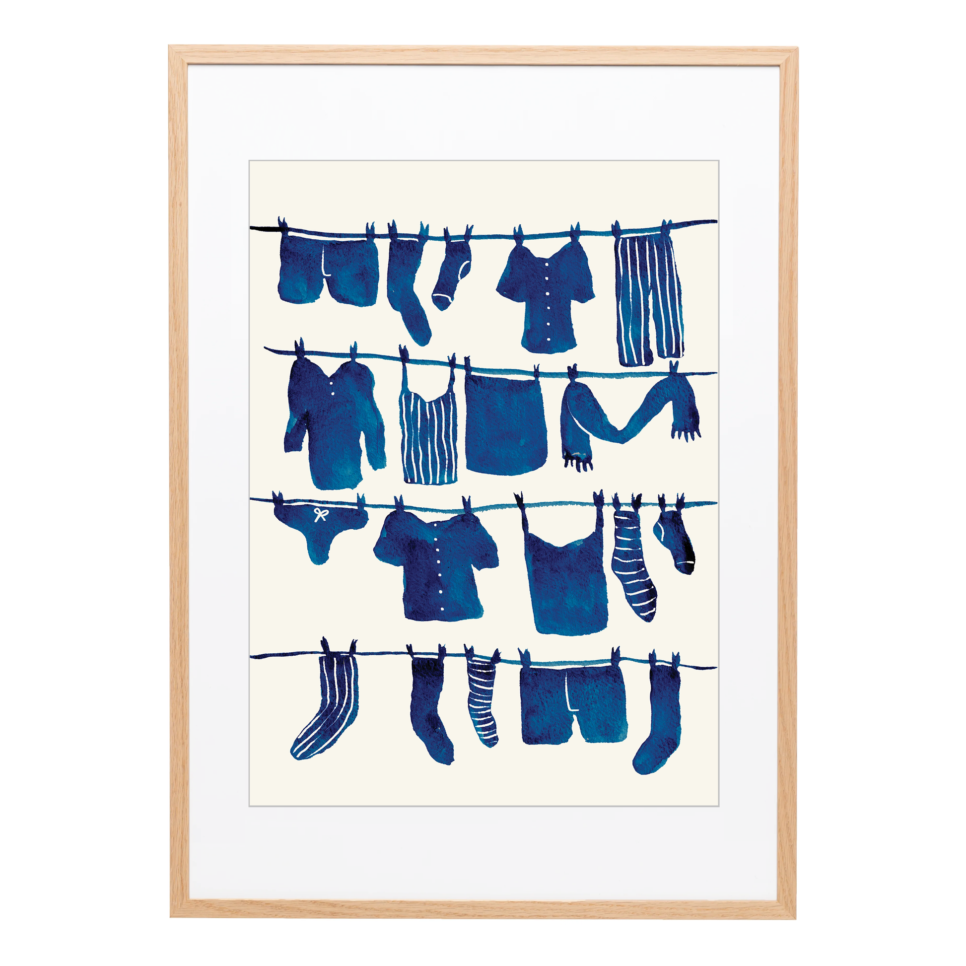 A textured A3 art print of lines of blue washing on a white background. Modern wall art and retro home decor. Bella & The Moon gifts and stationery