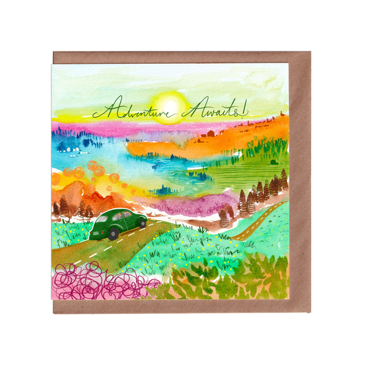 Adventure Awaits, traveller greetings card featuring a vibrant artistic landscape and a retro car. Perfect for travellers, backpackers, new drivers and exciting events. 14 x 14cm, square in size and printed on premium quality 300gsm card stock. Designed by luxury gifts and stationery brand, Bella & The Moon.