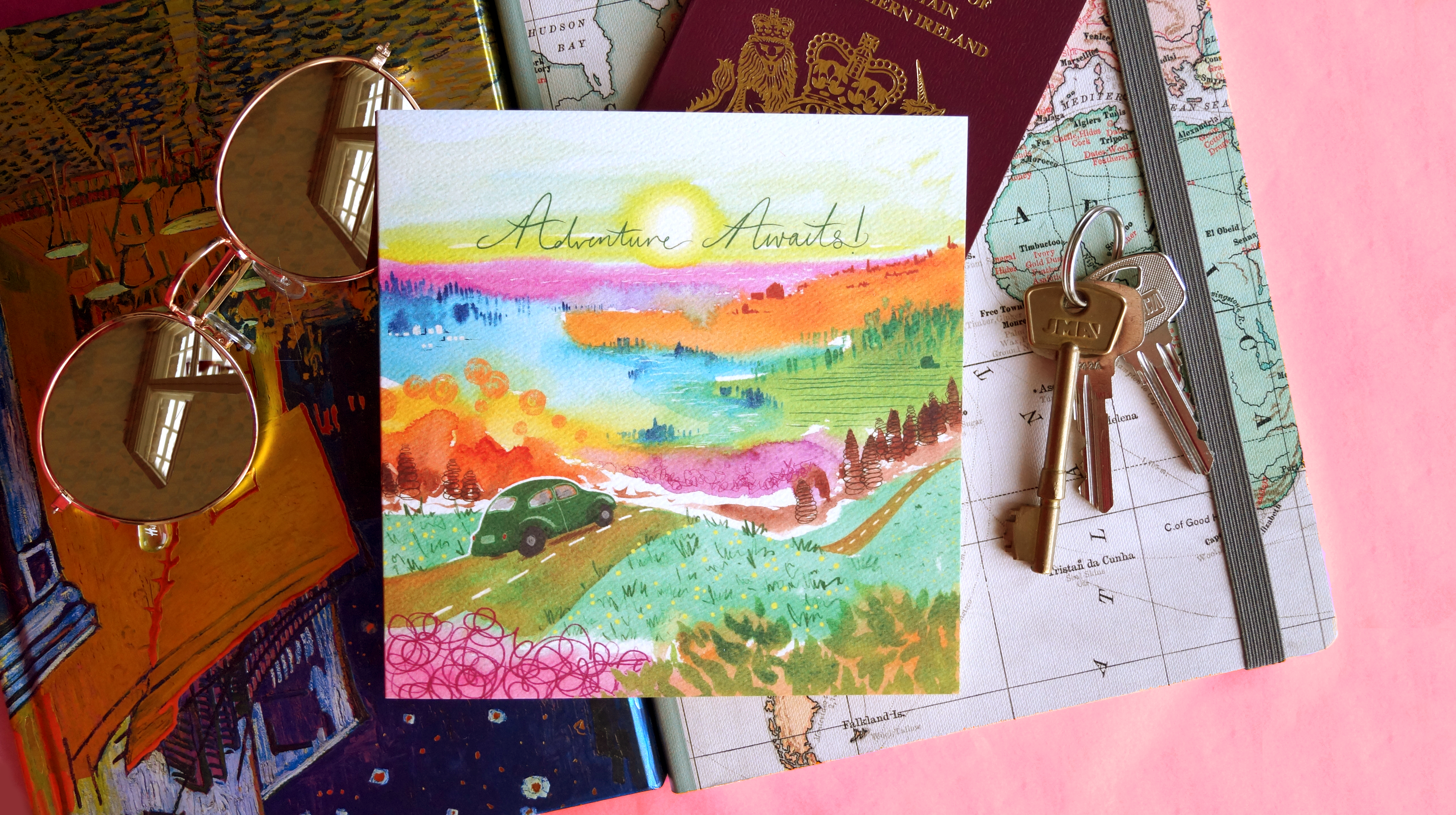 Adventure Awaits, traveller greetings card featuring a vibrant artistic landscape and a retro car. Perfect for travellers, backpackers, new drivers and exciting events. 14 x 14cm, square in size and printed on premium quality 300gsm card stock. Designed by luxury gifts and stationery brand, Bella & The Moon.