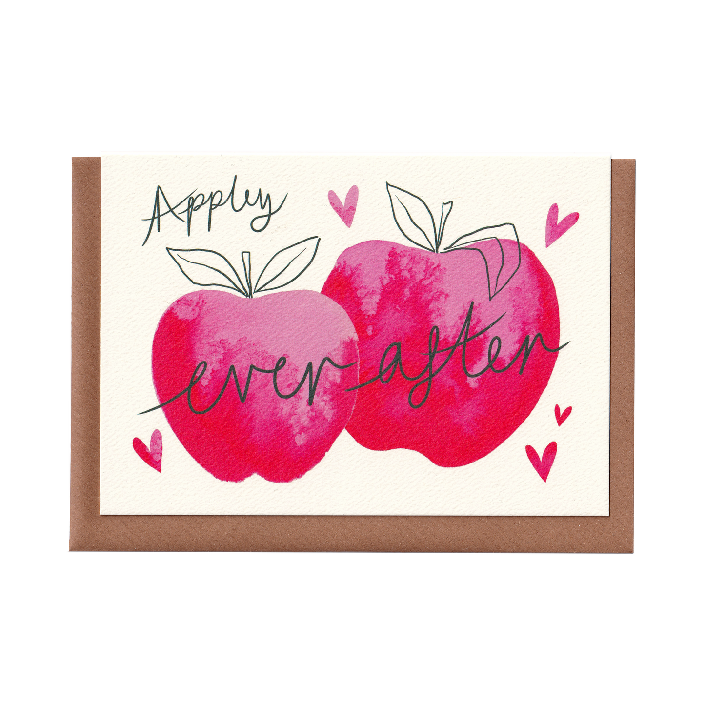 ‘Appley Ever After’ apple-themed greetings card featuring a romantic design, perfect for weddings, engagements, love celebrations, and Valentine's Day, A6 size, 300gsm premium card stock, designed by Bella & The Moon.