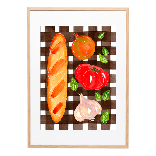 An A3, French themed artist print featuring a baguette, garlic, tomato, onion and basil. Perfect for kitchen, studio or bedroom wall art - luxury premium 300gsm card - Bella & The Moon 