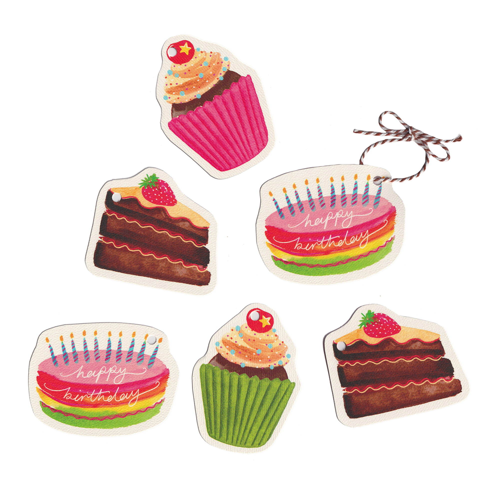 A set of six cut-out birthday cake gift tags on a white background. Present and gift wrapping. Unique and funny gifting ideas. Bella & The Moon gift and stationery