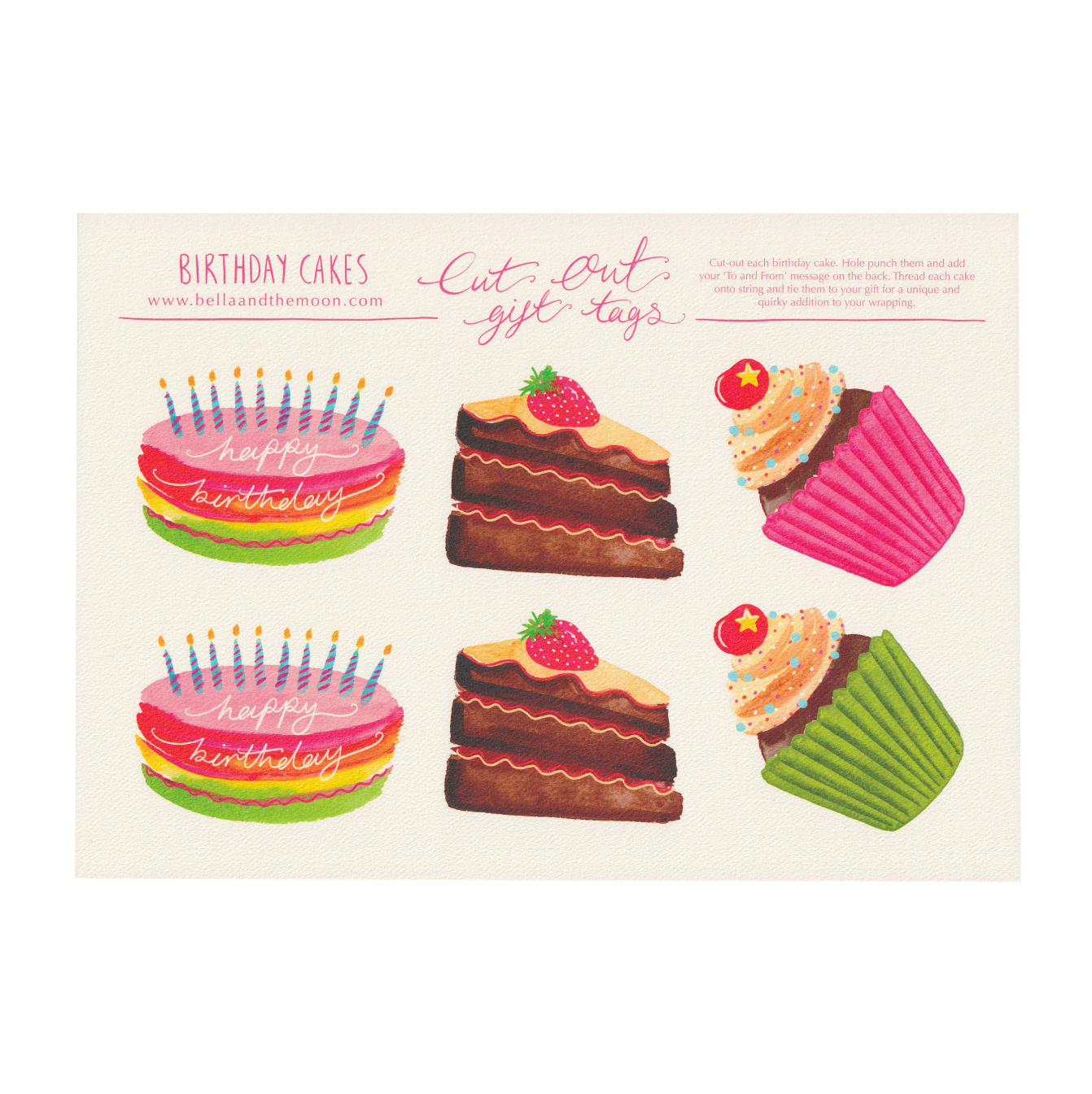 A sheet of a set of six cut-out birthday cake gift tags on a white background. Present and gift wrapping. Unique and funny gifting ideas. Bella & The Moon gift and stationery
