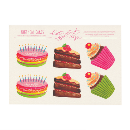 A sheet of a set of six cut-out birthday cake gift tags on a white background. Present and gift wrapping. Unique and funny gifting ideas. Bella & The Moon gift and stationery