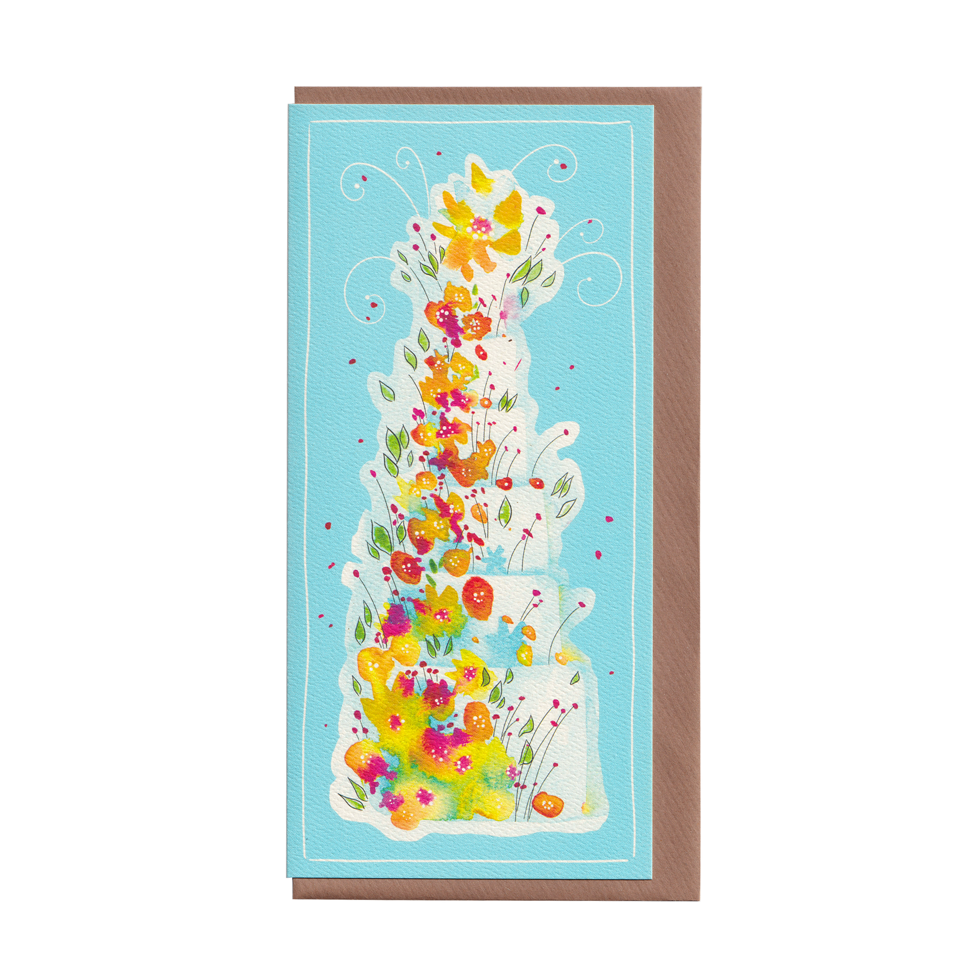 A floral birthday or wedding cake design on an extra special greeting card. The card includes a summery floral cut-out bookmark inside. DL in size. Bella & The Moon gifts and stationery 