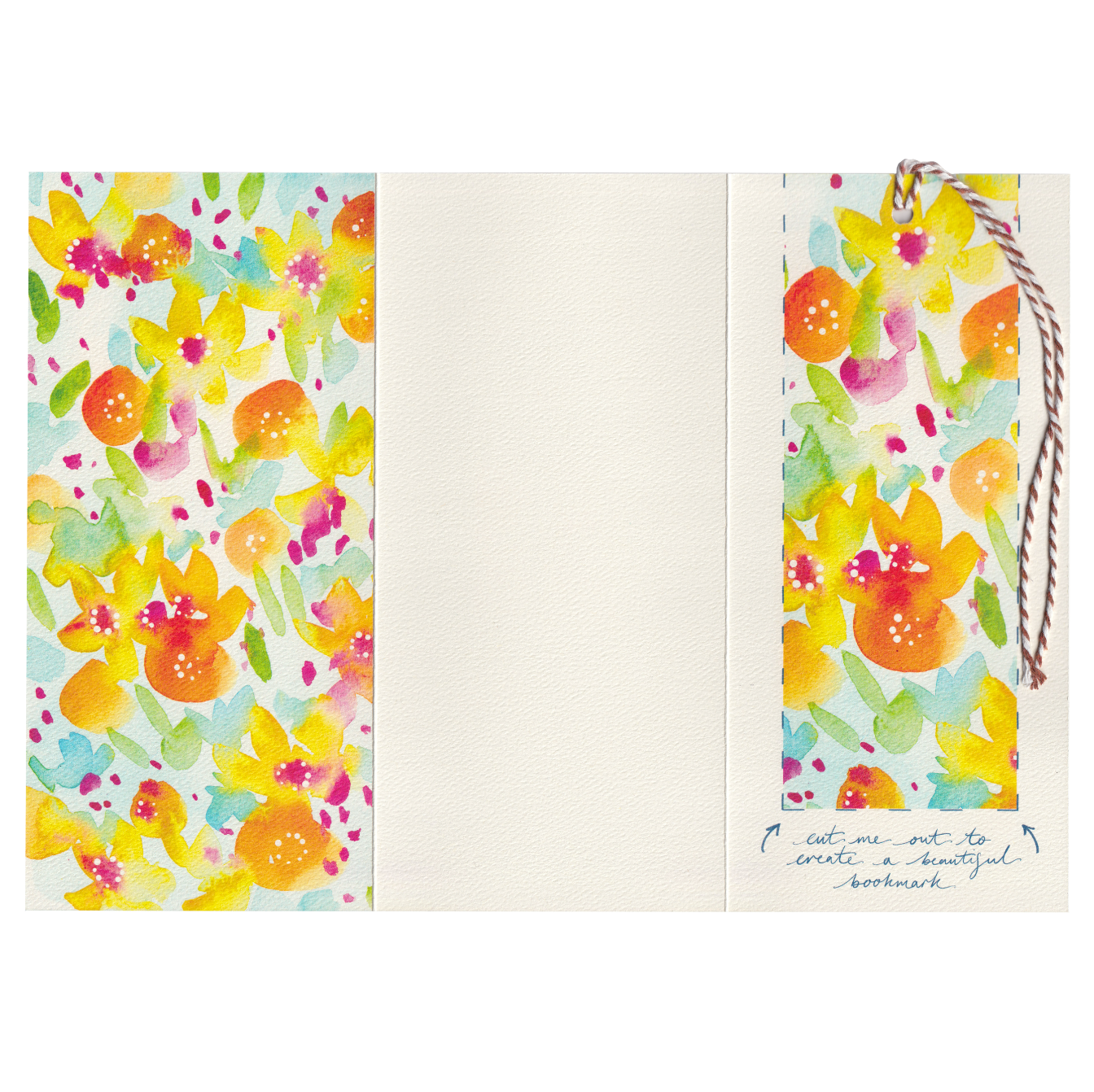 A floral birthday or wedding cake design on an extra special greeting card. The card includes a summery floral cut-out bookmark inside. DL in size. Bella & The Moon gifts and stationery 