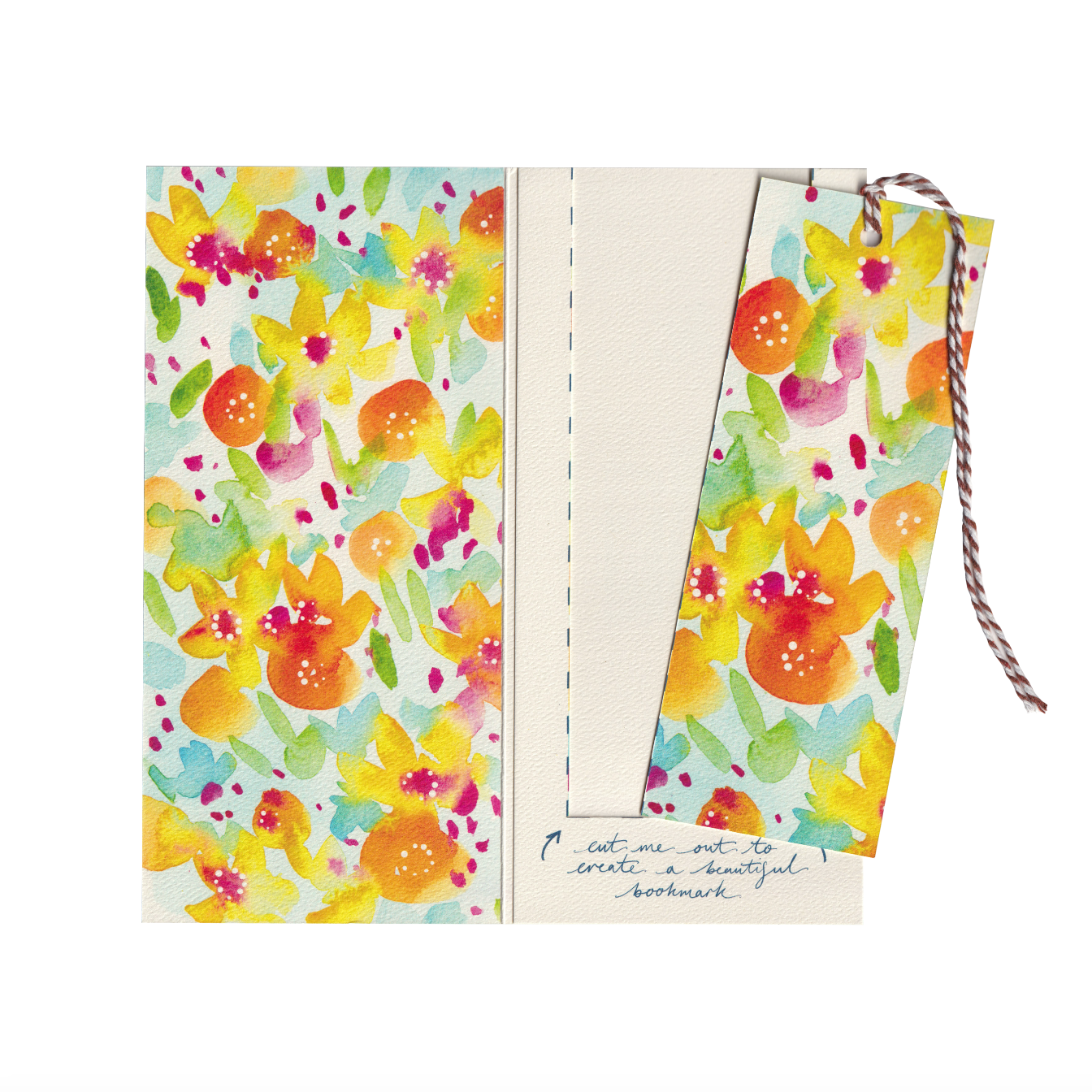 A floral birthday or wedding cake design on an extra special greeting card. The card includes a summery floral cut-out bookmark inside. DL in size. Bella & The Moon gifts and stationery 