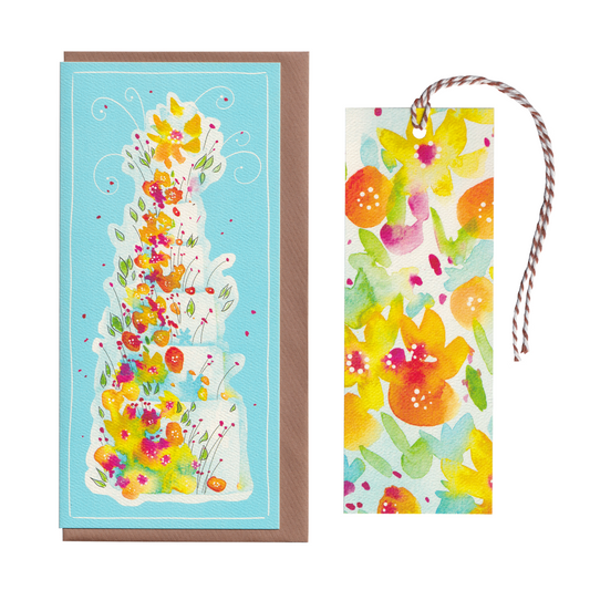 A floral birthday or wedding cake design on an extra special greeting card. The card includes a summery floral cut-out bookmark inside. DL in size. Bella & The Moon gifts and stationery 