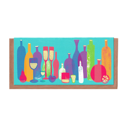 Bottles celebration greetings card featuring a festive bottle illustration with gold detail added by hand, perfect for birthdays, parties, and special occasions, 10cm x 21cm size, 300gsm premium card stock, designed by Bella & The Moon.