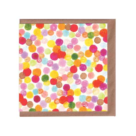 This rainbow 'Confetti' greetings card features a colourful, dotted, confetti, watercolour design. Perfect for birthdays, party invitations, celebrations, artists, to say thank you or just because. 14cm x 14cm, square in size and printed on premium quality 300gsm card stock. Designed by luxury handmade gifts and stationery brand, Bella & The Moon.