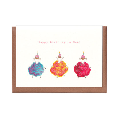 Cupcake Sheep birthday card with the pun 'Happy Birthday to Ewe,' featuring a cute sheep and cupcake design, A6 size, 300gsm high-quality card stock, designed by Bella & The Moon.