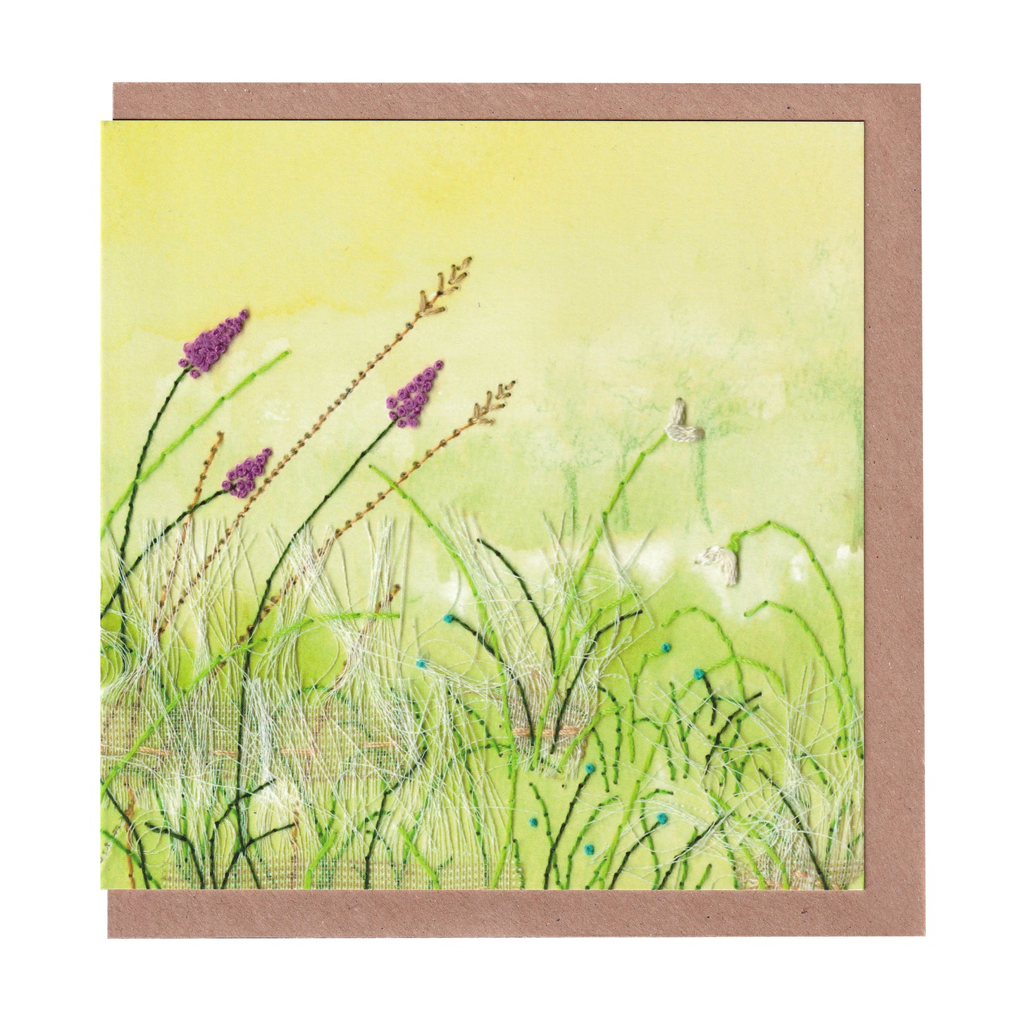 If Smiles Were Sunflowers greetings card featuring a soft embroidered field design, perfect for spreading joy and positivity, 14cm x 14cm size, 300gsm premium card stock, designed by Bella & The Moon.