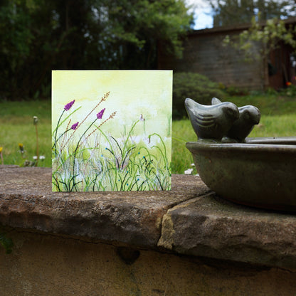 If Smiles Were Sunflowers, sunshine greetings card. Featuring a nature themed, green field, embroidery illustration. Perfect for stationery lovers, nature lovers, embroiders, art lovers, to say thank you, birthdays or just because. 14cm x 14cm, square in size and printed on premium quality 300gsm card stock. Designed by luxury gifts and stationery brand, Bella & The Moon.