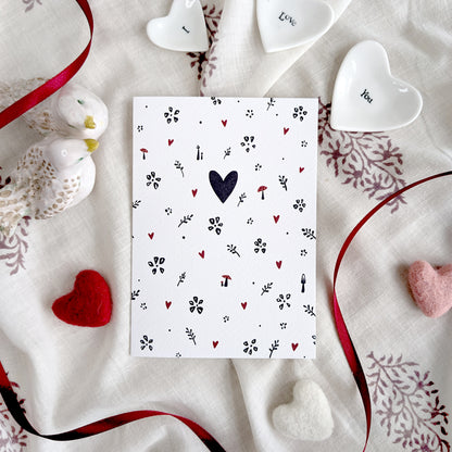 Forest Foliage Valentine's greetings card featuring a delicate forest-inspired foliage design, perfect for Valentine's Day, romantic occasions, or nature lovers, A6 size, 300gsm premium card stock, designed by Bella & The Moon.