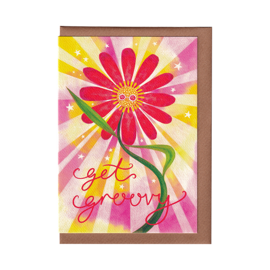 Get Groovy flower greetings card featuring a dancing flower with disco glasses, A6 size, 300gsm card stock, designed by Bella & The Moon, perfect for retro-themed gifts and stationery.