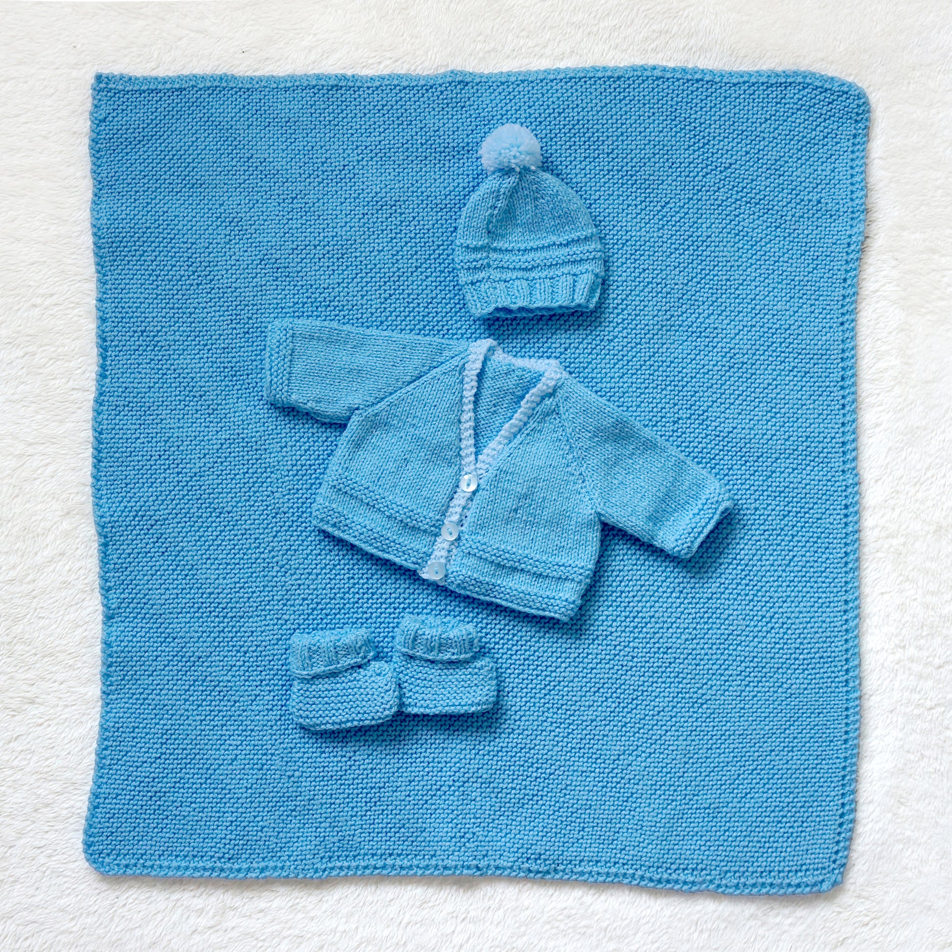 Hand Knitted Baby Gift Set - Hat, Cardigan, Booties and Blanket - Sky Blue - Bella & The Moon  (Handmade Gifts and Stationery)