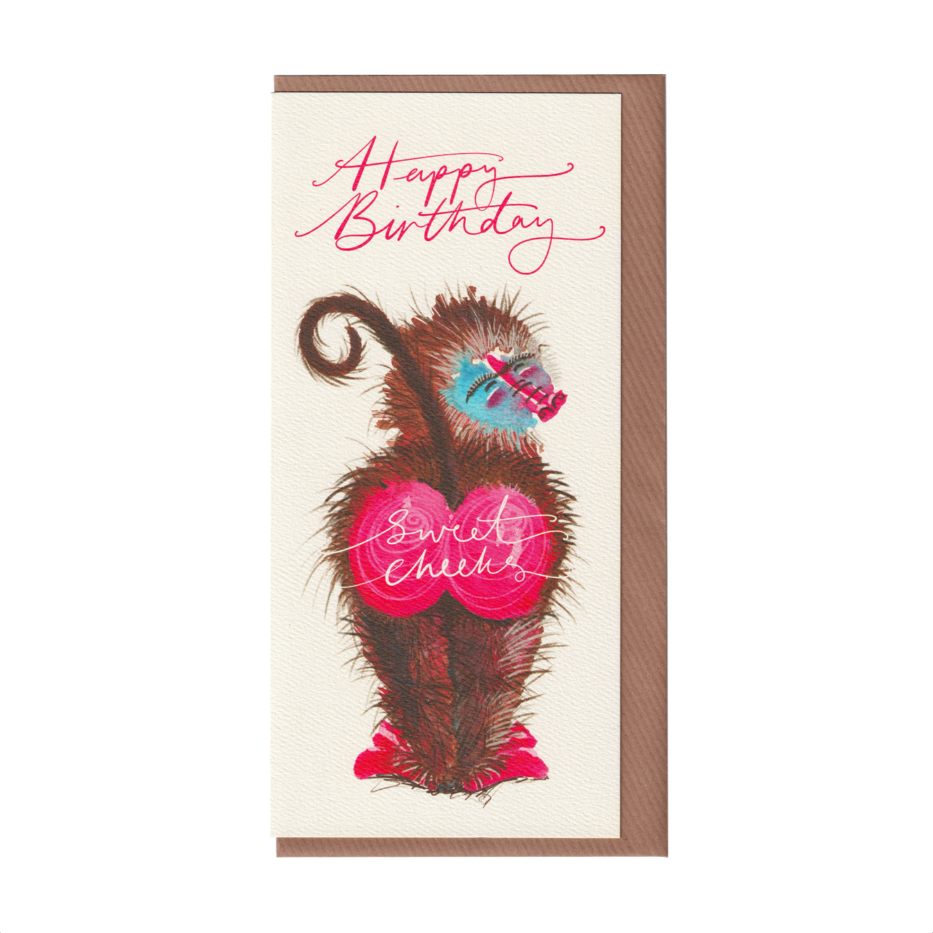 A funny baboon happy birthday greetings card with the words 'sweet cheeks'. It features a big-bottomed baboon on an extra special greeting card. The card includes a cut-out bookmark inside with a banana illustration. DL in size. Bella & The Moon gifts and stationery 